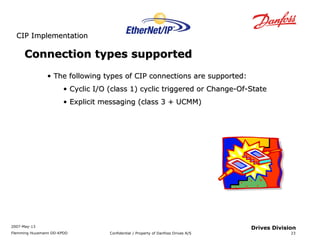 CCIIPP IImmpplleemmeennttaattiioonn 
2007-May-13 
Flemming Huusmann DD-KPDD Confidential / Property of Danfoss Drives A/S 
23 
Drives Division 
CCoonnnneeccttiioonn ttyyppeess ssuuppppoorrtteedd 
• TThhee ffoolllloowwiinngg ttyyppeess ooff CCIIPP ccoonnnneeccttiioonnss aarree ssuuppppoorrtteedd:: 
• CCyycclliicc II//OO ((ccllaassss 11)) ccyycclliicc ttrriiggggeerreedd oorr CChhaannggee--OOff--SSttaattee 
• EExxpplliicciitt mmeessssaaggiinngg ((ccllaassss 33 ++ UUCCMMMM)) 
 