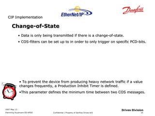 CCIIPP IImmpplleemmeennttaattiioonn 
2007-May-13 
Flemming Huusmann DD-KPDD Confidential / Property of Danfoss Drives A/S 
25 
Drives Division 
CChhaannggee--ooff--SSttaattee 
• DDaattaa iiss oonnllyy bbeeiinngg ttrraannssmmiitttteedd iiff tthheerree iiss aa cchhaannggee--ooff--ssttaattee.. 
• CCOOSS--ffiilltteerrss ccaann bbee sseett uupp ttoo iinn oorrddeerr ttoo oonnllyy ttrriiggggeerr oonn ssppeecciiffiicc PPCCDD--bbiittss.. 
• TToo pprreevveenntt tthhee ddeevviiccee ffrroomm pprroodduucciinngg hheeaavvyy nneettwwoorrkk ttrraaffffiicc iiff aa vvaalluuee 
cchhaannggeess ffrreeqquueennttllyy,, aa PPrroodduuccttiioonn IInnhhiibbiitt TTiimmeerr iiss ddeeffiinneedd.. 
•TThhiiss ppaarraammeetteerr ddeeffiinneess tthhee mmiinniimmuumm ttiimmee bbeettwweeeenn ttwwoo CCOOSS mmeessssaaggeess.. 
 