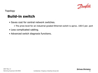 TTooppoollooggyy 
2007-May-13 
Flemming Huusmann DD-KPDD Confidential / Property of Danfoss Drives A/S 
35 
Drives Division 
BBuuiilldd--iinn sswwiittcchh 
• SSaavveess ccoosstt ffoorr cceennttrraall nneettwwoorrkk sswwiittcchheess.. 
• TThhee pprriizzee lleevveell ffoorr aann iinndduussttrriiaall ggrraaddeedd EEtthheerrnneett sswwiittcchh iiss aapprrooxx.. 110000 €€ ppeerr.. ppoorrtt 
• LLeessss ccoommpplliiccaatteedd ccaabblliinngg.. 
• AAddvvaanncceedd sswwiittcchh ddiiaaggnnoossiiss ffuunnccttiioonnss.. 
 