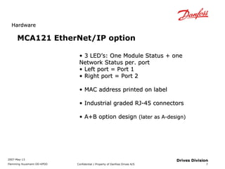 HHaarrddwwaarree 
2007-May-13 
Flemming Huusmann DD-KPDD Confidential / Property of Danfoss Drives A/S 
7 
Drives Division 
MCA121 EtherNet/IP option 
• 33 LLEEDD’’ss:: OOnnee MMoodduullee SSttaattuuss ++ oonnee 
NNeettwwoorrkk SSttaattuuss ppeerr.. ppoorrtt 
• LLeefftt ppoorrtt == PPoorrtt 11 
• RRiigghhtt ppoorrtt == PPoorrtt 22 
• MMAACC aaddddrreessss pprriinntteedd oonn llaabbeell 
• IInndduussttrriiaall ggrraaddeedd RRJJ--4455 ccoonnnneeccttoorrss 
• AA++BB ooppttiioonn ddeessiiggnn ((llaatteerr aass AA--ddeessiiggnn)) 
 