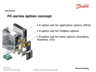 HHaarrddwwaarree 
2007-May-13 
Flemming Huusmann DD-KPDD Confidential / Property of Danfoss Drives A/S 
8 
Drives Division 
FC-series option concept 
• CC--ooppttiioonn sslloott ffoorr aapppplliiccaattiioonn ooppttiioonnss ((MMCCOO)) 
• AA--ooppttiioonn sslloott ffoorr FFiieellddbbuuss ooppttiioonnss 
• BB--ooppttiioonn sslloott ffoorr ootthheerr ooppttiioonnss ((eennccooddeerrss,, 
rreessoollvveerrss,, II//OO)) 
 