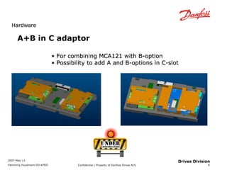 HHaarrddwwaarree 
2007-May-13 
Flemming Huusmann DD-KPDD Confidential / Property of Danfoss Drives A/S 
9 
Drives Division 
A+B in C adaptor 
• FFoorr ccoommbbiinniinngg MMCCAA112211 wwiitthh BB--ooppttiioonn 
• PPoossssiibbiilliittyy ttoo aadddd AA aanndd BB--ooppttiioonnss iinn CC--sslloott 
 