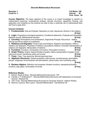 Discrete Mathematical Structures
Semester: I Full Marks: 100
Credit Hr: 3 Internal: 20
Final Exam: 80
Course Objective: The basic objective of the course is to impart knowledge to student on
mathematical reasoning, combinatorial analysis, discrete structures, algorithmic thinking, and
application and modeling so that students are able to learn a particular set of mathematical facts
and how to apply them.
Course Contents:
1. Fundamentals: Sets and Subsets, Operations on sets, Sequences, Division in the integers
[5 hrs]
2. Logic: Propositions and logical operations, Conditional statements, Predicate and Quantifiers,
Methods of proof, Mathematical induction. [4 hrs]
3. Counting: Permutations and combinations, Pigeonhole Principle, Recurrence relation,
Solving recurrence relation by substitution [4 hrs]
4. Relations and Digraphs: Product sets and Partitions, Relations and Digraphs, Paths in
relations and diagraphs, Properties of relations, Equivalence relations, Computer representation of
relations and diagraphs, Manipulation of relations [6 hrs]
5. Functions: Functions, Composition of functions, Permutation functions [4 hrs]
6. Graph Theory: Graphs, Special families of graphs, Matrix representation of graphs, Euler
paths and circuits, Hamiltonian paths and circuits [5 hrs]
7. Trees: Trees, Tree searching, Minimal spanning trees [5 hrs]
8. Algebraic Structures: General properties, Semi-groups, monoids groups, permutation
groups, subgroups; homomorphism and isomorphism, group codes, error correcting codes
[8 hrs]
9. Boolean Algebra: Definition and properties, Boolean functions, representing Boolean
functions, logic gates, minimization of circuits [4 hrs]
Reference Books:
1. Kolman, Busby & Ross, “Discrete Mathematical Structures”, PHI
2. Trembly J. P. & Manohar P., “Discrete Mathematical Structures with Applications to Computer
Science”, McGraw Hill
3. John Truss, "Discrete Mathematical Structures for Computer Science", Addison Wesley
4. Seymour Lipchutz, Marc Lipson, "Discrete Mathematics", Tata McGraw Hill
 