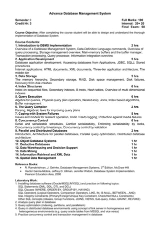 Advance Database Management System
Semester: I Full Marks: 100
Credit Hr: 3 Internal: 20+ 20
Final Exam: 60
Course Objective: After completing the course student will be able to design and understand the thorough
implementation of Database System.
Course Contents:
1. Introduction to DBMS Implementation 2 hrs
Overview of a Database Management System, Data-Definition Language commands, Overview of
query processing, Storage management overview, Main-memory buffers and the buffer manager,
Transaction processing, Query processor, Information integration overview
2. Application Development 5 hrs
Database application development: Accessing databases from Applications, JDBC, SQLJ, Stored
procedures
Internet applications: HTML documents, XML documents, Three-tier application architecture, The
middle-tier
3. Data Storage 5 hrs
The memory hierarchy, Secondary storage, RAID, Disk space management, Disk failures,
Recovery from disk crashes
4. Index Structures 6 hrs
Index on sequential files, Secondary indexes, B-trees, Hash tables, Overview of multi-dimensional
indexes
5. Query Execution 6 hrs
Algebra for queries, Physical query plan operators, Nested-loop, Joins, Index based algorithms,
Buffer management
6. The Query Compiler 2 hrs
Parsing, Algebraic laws for improving query plans
7. Coping with System Failures 5 hrs
Issues and models for resilient operation, Undo / Redo logging, Protection against media failures
8. Concurrency Control 6 hrs
Serial and serializable schedules, Conflict serializability, Enforcing serializability by locks,
Concurrency control by timestamps, Concurrency control by validation
9. Parallel and Distributed Databases 2 hrs
Introduction, Architecture for parallel databases, Parallel query optimization, Distributed database
architecture
10. Object Database Systems 1 hr
11. Deductive Databases 1 hr
12. Data Warehousing and Decision Support 1 hr
13. Data Mining 1 hr
14. Information Retrieval and XML Data 1 hr
15. Spatial Data Management 1 hr
Reference Books:
• R. Ramakrishnan, J. Gehrke, Database Management Systems, 3
rd
Edition, McGraw Hill
• Hector Garcia-Molina, Jeffrey D. Ullman, Jennifer Widom, Database System Implementation,
Pearson Education Asia, 2000
Laboratory Work:
1. Installing database software (Oracle/MSQL/MYSQL) and practice on following topics:
SQL Statements (DML, DDL, DTL and DCL)
SQL Clauses (WHERE, ORDER BY, GROUP BY, HAVING)
SQL Operators (Logical Operators, Comparison Operators, LIKE, IN, IS NULL, BETWEEN....AND)
SQL Integrity Constraints (Primary/Foreign/Unique Key Constraint, Check/Not NULL Constraints)
Other SQL concepts (Aliases, Group Functions, JOINS, VIEWS, Sub-query, Index, GRANT, REVOKE)
2. Analyze query plan in database
3. Query optimization (indexing, partitions, and parallelism)
4. Query in distributed database environments using concept of link server in homogeneous and
heterogeneous environments (e.g. query oracle tables from MSSQL and vice versa)
5. Practice concurrency control and transaction management in database
 