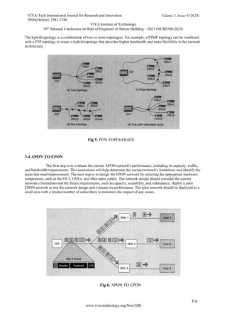 VIVA-Tech International Journal for Research and Innovation
ISSN(Online): 2581-7280
VIVA Institute of Technology
Volume 1, Issue 6 (2023)
10th
National Conference on Role of Engineers in Nation Building – 2023 (NCRENB-2023)
F-6
www.viva-technology.org/New/IJRI
The hybrid topology is a combination of two or more topologies. For example, a P2MP topology can be combined
with a P2P topology to create a hybrid topology that provides higher bandwidth and more flexibility in the network
architecture.
Fig 5. PON TOPOLOGIES
3.4 APON TO EPON
The first step is to evaluate the current APON network's performance, including its capacity, traffic,
and bandwidth requirements. This assessment will help determine the current network's limitations and identify the
areas that need improvement. The next step is to design the EPON network by selecting the appropriate hardware
components, such as the OLT, ONUs, and fiber-optic cables. The network design should consider the current
network's limitations and the future requirements, such as capacity, scalability, and redundancy. deploy a pilot
EPON network to test the network design and evaluate its performance. The pilot network should be deployed in a
small area with a limited number of subscribers to minimize the impact of any issues.
Fig 6. APON TO EPON
 