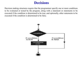 Decisions
Decision making structures require that the programmer specify one or more conditions
to be evaluated or tested by the program, along with a statement or statements to be
executed if the condition is determined to be true, and optionally, other statements to be
executed if the condition is determined to be false.
 