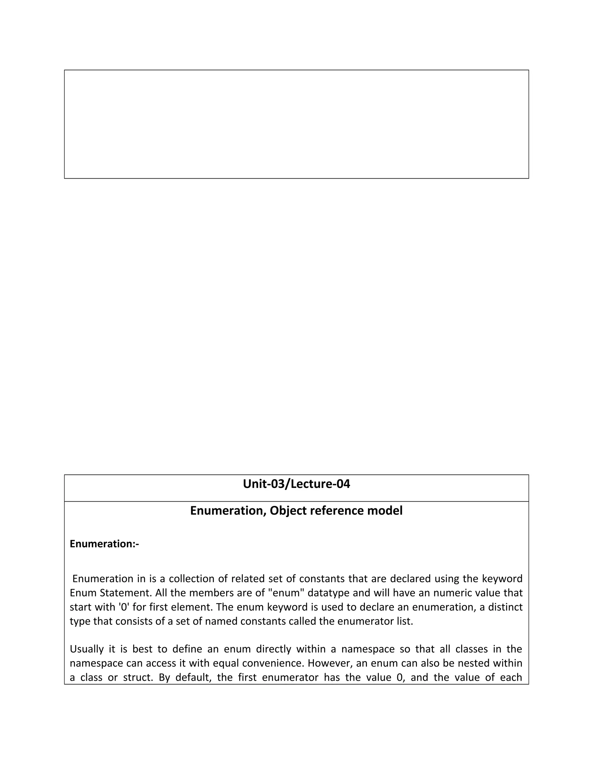 Unit-03/Lecture-04
Enumeration, Object reference model
Enumeration:-
Enumeration in is a collection of related set of constants that are declared using the keyword
Enum Statement. All the members are of "enum" datatype and will have an numeric value that
start with '0' for first element. The enum keyword is used to declare an enumeration, a distinct
type that consists of a set of named constants called the enumerator list.
Usually it is best to define an enum directly within a namespace so that all classes in the
namespace can access it with equal convenience. However, an enum can also be nested within
a class or struct. By default, the first enumerator has the value 0, and the value of each
 