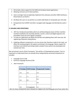 1. C# includes native support for the COM and windows based applications.
2. Allowing restriced use of native pointers.
3. Users no longer have to explicityly implement the unknown and other COM interfacers,
those features are built in.
4. C# allows the users to use pointers as unsafe code blocks to manipulate your old code.
5. Components from VB NET and other managed code languages and directlyt be used in
C#.
6. SCALABLE AND UPDATEABLE
1. .NET has introduced assemblies which are self describing by means of their manifest.
manifest establishes the assembly identity, version, culture and digital signature etc.
Assemblies need not to be register anywhere.
2. To scale our application we delete the old files and updating them with new ones. No
registering of dynamic linking library.
3. Updating software components is an error prone task. Revisions made to the code. can
effect the existing program C# support versioning in the language. Native support for
interfaces and method overriding enable complex frame works to be developed and
evolved over time.
Net versioning in terms of the Framework, "this will be a 2.0 development project," but it is
important to understand there are actually three independently versioned components to
consider:
• Language (such as C#)
• Common Language Runtime (CLR)
• .Net Framework
# Version CLR Version Framework Version
1.0 1.0 1.0
1.1 1.1 1.1
2.0 2.0
2.0
3.0
3.0 2.0 (updated) 3.5
.Net 3.0, these components were released as a logical unit, but things got out of sync when the
 