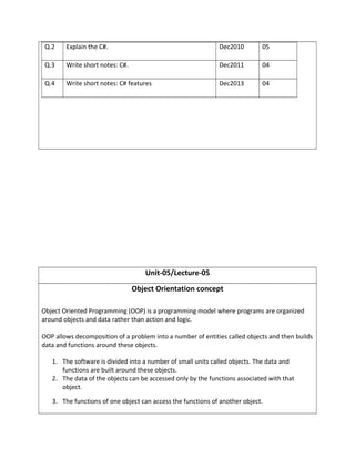 Q.2 Explain the C#. Dec2010 05
Q.3 Write short notes: C#. Dec2011 04
Q.4 Write short notes: C# features Dec2013 04
Unit-05/Lecture-05
Object Orientation concept
Object Oriented Programming (OOP) is a programming model where programs are organized
around objects and data rather than action and logic.
OOP allows decomposition of a problem into a number of entities called objects and then builds
data and functions around these objects.
1. The software is divided into a number of small units called objects. The data and
functions are built around these objects.
2. The data of the objects can be accessed only by the functions associated with that
object.
3. The functions of one object can access the functions of another object.
 