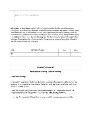 }
class Dog : FourLeggedAnimal
{
}
}
Advantages of abstraction are the hiding of implementation details, component reuse,
extensibility, and testability. When we hide implementation details, we reveal a cleaner, more
comprehensible and usable interface to our users. We are separating our interface from our
implementation, and this makes component reuse more practical. Many, if not all of the object-
oriented concepts we have discussed throughout this document play a role in the abstraction
principle. Working together, their end goal is the same, to produce software that is flexible,
testable, maintainable, and extensible.
Unit-05/Lecture-07
Exception Handling, Event Handling
Exception Handling:-
An exception is a problem that arises during the execution of a program. A C# exception is a
response to an exceptional circumstance that arises while a program is running, such as an
attempt to divide by zero.
Exceptions provide a way to transfer control from one part of a program to another. C#
exception handling is built upon four keywords: try, catch, finally and throw.
• try: A try block identifies a block of code for which particular exceptions will be
S.NO RGPV QUESTIONS Year Marks
Q.1
 