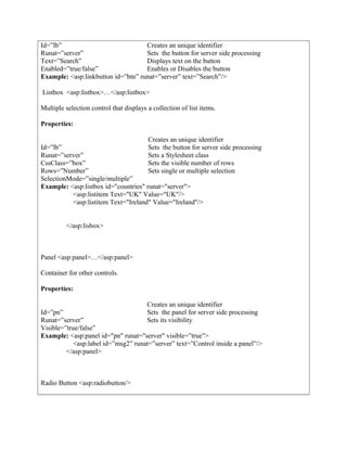 Example: <asp:linkbutton id=”btn” runat=”server” text=”Search”/>
Listbox <asp:listbox>…</asp:listbox>
Multiple selection control that displays a collection of list items.
Properties:
Example: <asp:listbox id="countries" runat="server">
<asp:listitem Text="UK" Value="UK"/>
<asp:listitem Text="Ireland" Value="Ireland"/>
</asp:lisbox>
Panel <asp:panel>…</asp:panel>
Container for other controls.
Properties:
Example: <asp:panel id="pn" runat="server" visible=”true”>
<asp:label id=”msg2” runat=”server” text=”Control inside a panel”/>
</asp:panel>
Radio Button <asp:radiobutton/>
Id=”lb”
Runat=”server”
Text=”Search”
Enabled=”true/false”
Creates an unique identifier
Sets the button for server side processing
Displays text on the button
Enables or Disables the button
Id=”lb”
Runat=”server”
CssClass=”box”
Rows=”Number”
SelectionMode=”single/multiple”
Creates an unique identifier
Sets the button for server side processing
Sets a Stylesheet class
Sets the visible number of rows
Sets single or multiple selection
Id=”pn”
Runat=”server”
Visible=”true/false”
Creates an unique identifier
Sets the panel for server side processing
Sets its visibility
 