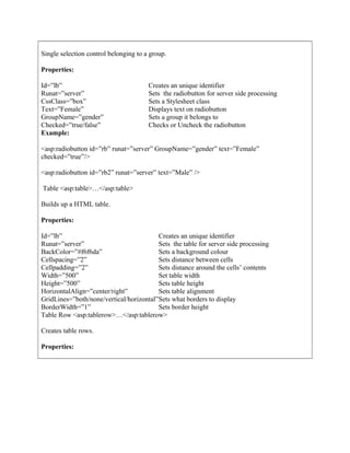 Single selection control belonging to a group.
Properties:
Example:
<asp:radiobutton id=”rb” runat=”server” GroupName=”gender” text=”Female”
checked=”true”/>
<asp:radiobutton id=”rb2” runat=”server” text=”Male” />
Table <asp:table>…</asp:table>
Builds up a HTML table.
Properties:
Table Row <asp:tablerow>…</asp:tablerow>
Creates table rows.
Properties:
Id=”lb”
Runat=”server”
CssClass=”box”
Text=”Female”
GroupName=”gender”
Checked=”true/false”
Creates an unique identifier
Sets the radiobutton for server side processing
Sets a Stylesheet class
Displays text on radiobutton
Sets a group it belongs to
Checks or Uncheck the radiobutton
Id=”lb”
Runat=”server”
BackColor=”#f6f6da”
Cellspacing=”2”
Cellpadding=”2”
Width=”500”
Height=”500”
HorizontalAlign=”center/right”
GridLines=”both/none/vertical/horizontal”
BorderWidth=”1”
Creates an unique identifier
Sets the table for server side processing
Sets a background colour
Sets distance between cells
Sets distance around the cells’ contents
Set table width
Sets table height
Sets table alignment
Sets what borders to display
Sets border height
 
