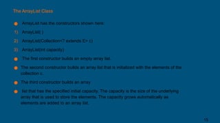 The ArrayList Class
● ArrayList has the constructors shown here:
1) ArrayList( )
2) ArrayList(Collection<? extends E> c)
3) ArrayList(int capacity)
● The first constructor builds an empty array list.
● The second constructor builds an array list that is initialized with the elements of the
collection c.
● The third constructor builds an array
● list that has the specified initial capacity. The capacity is the size of the underlying
array that is used to store the elements. The capacity grows automatically as
elements are added to an array list.
15
 