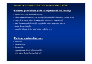FACTORES ADICIONALES QUE MODIFICAN O AUMENTAN EL RIESGOFACTORES ADICIONALES QUE MODIFICAN O AUMENTAN EL RIESGO
•Factores psicológicos y de la organización del trabajo
- penosidad o dificultad del trabajo
- condiciones del contrato de trabajo (precariedad, contratos basura, etc)
- carga de trabajo (nivel de exigencia, intensidad, monotonía)
- nivel de responsabilidad del trabajador sobre su propio puesto
- grado de motivación
- características de los lugares de trabajo, etc.
•Factores medioambientales
- humedad,
- temperatura,
- iluminación,
- renovaciones del aire (ventilación),
- sinergismo de contaminantes, etc
 