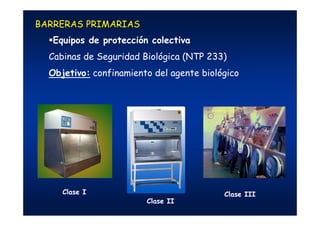BARRERAS PRIMARIASBARRERAS PRIMARIAS
Equipos de protección colectiva
Cabinas de Seguridad Biológica (NTP 233)
Objetivo: confinamiento del agente biológico
Clase I
Clase II
Clase III
 