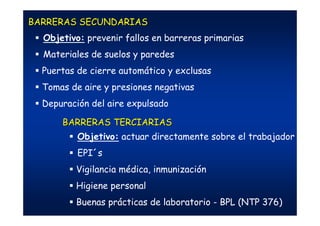 BARRERAS SECUNDARIASBARRERAS SECUNDARIAS
Objetivo: prevenir fallos en barreras primarias
Materiales de suelos y paredes
Puertas de cierre automático y exclusas
Tomas de aire y presiones negativas
Depuración del aire expulsado
BARRERAS TERCIARIASBARRERAS TERCIARIAS
Objetivo: actuar directamente sobre el trabajador
EPI´s
Vigilancia médica, inmunización
Higiene personal
Buenas prácticas de laboratorio - BPL (NTP 376)
 