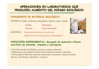 OPERACIONES EN LABORATORIOS QUEOPERACIONES EN LABORATORIOS QUE
PRODUCEN AUMENTO DEL RIESGO BIOLPRODUCEN AUMENTO DEL RIESGO BIOLÓÓGICOGICO
TRANSPORTE DE MATERIAL BIOLÓGICO
INTERNO: Caída y rotura de contenedores, frascos, viales y jaulas
Vertidos Salpicaduras
Aerosoles Escape de animales
EXTERNO: Inexistencia de sistemas de contención.
Implicación de terceras personas y medioambiente
INFECCIÓN EXPERIMENTAL: Recogida de muestras clínicas,
sacrificio de animales, biopsias y necropsias
• Toma de muestras de fluídos, excretas y tejidos corporales.
• Operaciones que implican utilización de material cortante y punzante.
• Proximidad al individuo enfermo (exposición a aerosoles, contacto cutáneo
directo y con fluídos corporales y vísceras)
 