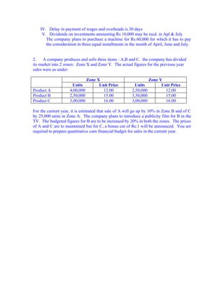 IV. Delay in payment of wages and overheads is 30 days
     V. Dividends on investments amounting Rs 10,000 may be recd. in Apl & July
       The company plans to purchase a machine for Rs.60,000 for which it has to pay
       the consideration in three equal installments in the month of April, June and July.


2.    A company produces and sells three items : A,B and C. the company has divided
its market into 2 zones: Zone X and Zone Y. The actual figures for the previous year
sales were as under:

                             Zone X                              Zone Y
                     Units         Unit Price            Units         Unit Price
Product A           4,00,000         12.00              2,50,000         12.00
Product B           2,50,000         15.00              3,50,000         15.00
Product C           3,00,000         16.00              3,00,000         16.00

For the current year, it is estimated that sale of A will go up by 10% in Zone B and of C
by 25,000 units in Zone A. The company plans to introduce a publicity film for B in the
TV. The budgeted figures for B are to be increased by 20% in both the zones. The prices
of A and C are to maintained but for C, a bonus cut of Re.1 will be announced. You are
required to prepare quantitative cum financial budget for sales in the current year.
 