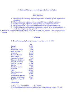 14. Distinguish between a master budget and a functional budget


                                                      Long Questions

                 1. Define financial accounting. Explain the process of accounting cycle in depth with an
                    illustration
                 2. Mention the various adjustments to be made while preparing the final accounts
                 3. What is inventory? Explain the various methods of issuing material issues
                 4. Define depreciation. What are the various methods of calculating depreciation?
                 5. Explain the concept of budgeting and budgetary control. What are the essentials of
                    an effective budgetary control system?
6. Explain the concept of budgetary control. What are its merits and demerits. How do you classify
   budgets?


                                                          Exercises

                  1. The following are the balances extracted from Nalan on 31-12-1998

                                                   Rs.
                  Capital                       30,000
                  Drawings                        5,000
                  Furniture & Fittngs             2,600
                  Bank Overdraft                  4,200
                  Creditors                     13,800
                  Business Premises             20,000
                  Sales Returns                 2,000
                  Discounts (Debtors)             1,600
                  Discounts (Creditors)         2,000
                  Taxes & Insurance               2,000
                  Stock on 1-1-1998             22,000
                  Debtors                       18,000
                  Rent from tenants               1,000
                  Purchases                  1,10,000
                  Sales                      1,50,000
                  General expenses               4,000
                  Salaries                       9,000
                  Commission (Debtors)            2,200
                  Carriage on purchases         1,800
                  Bad debts written off            800

                  Adjustments

                  (1) Stock on hand 31-12-1998         : Rs. 20,060
                  (2) Write off depreciation Business premises : Rs. 300, Furniture & fittings : Rs. 250
 