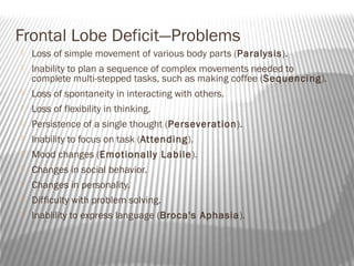 Frontal Lobe Deficit—Problems
   Loss of simple movement of various body parts (Paralysis).
   Inability to plan a sequence of complex movements needed to
    complete multi-stepped tasks, such as making coffee (Sequencing).
   Loss of spontaneity in interacting with others.
   Loss of flexibility in thinking.
   Persistence of a single thought (Perseveration).
   Inability to focus on task (Attending).
   Mood changes (Emotionally Labile ).
   Changes in social behavior.
   Changes in personality.
   Difficulty with problem solving.
   Inablility to express language (Broca's Aphasia).
 