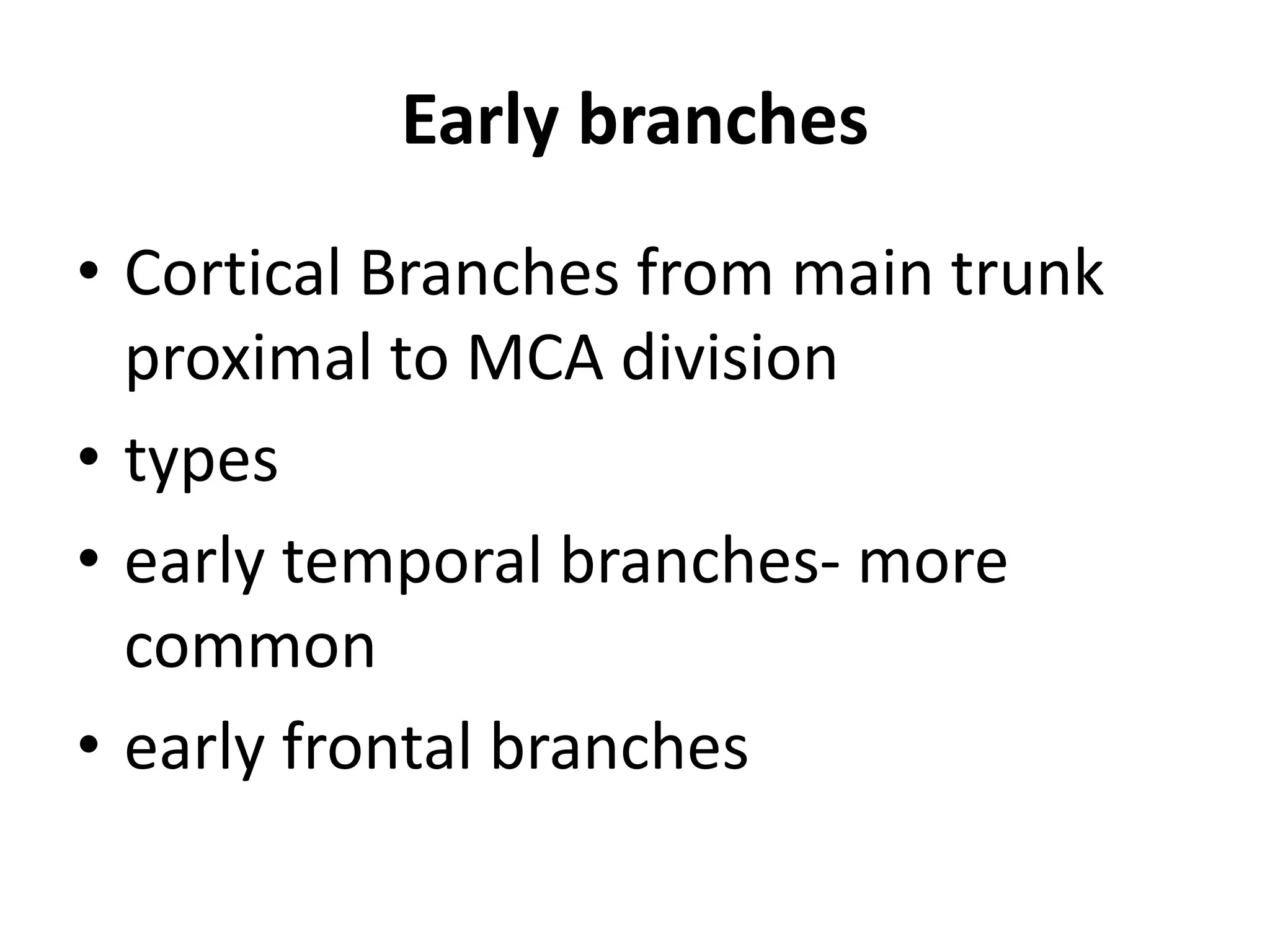 Early branches
• Cortical Branches from main trunk
proximal to MCA division
• types
• early temporal branches- more
common
• early frontal branches
 