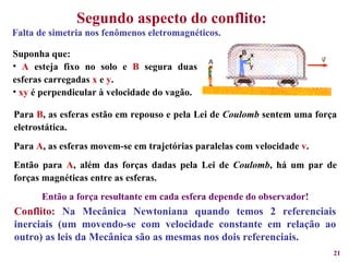 Conflito:   Na Mecânica Newtoniana quando temos 2 referenciais inerciais (um movendo-se com velocidade constante em relação ao outro) as leis da Mecânica são as mesmas nos dois referenciais.  Segundo aspecto do conflito: Falta de simetria nos fenômenos eletromagnéticos. Suponha que: A  esteja fixo no solo e  B  segura duas esferas carregadas  x  e  y . xy  é perpendicular à velocidade do vagão. Para  B , as esferas estão em repouso e pela Lei de  Coulomb  sentem uma força eletrostática. Para  A , as esferas movem-se em trajetórias paralelas com velocidade  v . Então para  A , além das forças dadas pela Lei de  Coulomb , há um par de forças magnéticas entre as esferas. Então a força resultante em cada esfera depende do observador! 
