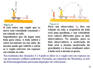 B  está sobre um vagão que se move com velocidade constante  v  em relação ao solo. Suponhamos que ele jogue uma bola para cima. A bola subirá e cairá novamente na sua mão, do mesmo modo que subiria e cairia se o vagão estivesse em repouso em relação ao solo.  Para um observador  A , fixo em relação ao solo, a trajetória da bola será uma parábola, e sua velocidade terá valores diferentes para os dois observadores. No entanto, para os dois observadores a aceleração da bola será a mesma (aceleração da gravidade) e a força resultante sobre a bola será a mesma (o peso).  Em nenhuma das situações 3 e 4 pode-se dizer se o vagão está em repouso ou em movimento retilíneo uniforme. Portanto, ao contrário da Mecânica, as leis do Eletromagnetismo pareciam depender do referencial. 