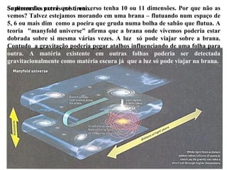 Supercordas prevê que o universo tenha 10 ou 11 dimensões. Por que não as vemos? Talvez estejamos morando em uma brana – flutuando num espaço de 5, 6 ou mais dim  como a poeira que gruda numa bolha de sabão que flutua. A teoria  "manyfold universe" afirma que a brana onde vivemos poderia estar dobrada sobre si mesma várias vezes. A luz  só pode viajar sobre a brana. Contudo  a gravitação poderia pegar atalhos influenciando de uma folha para   outra. A matéria existente em outras folhas poderia ser detectada gravitacionalmente como matéria escura já  que a luz só pode viajar na brana.  Se dimensões extras existirem... 