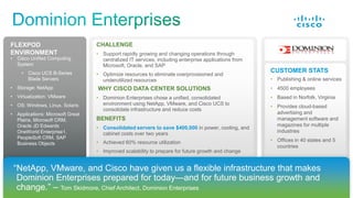 © 2011 Cisco and/or its affiliates. All rights reserved. Cisco Confidential 14
―NetApp, VMware, and Cisco have given us a flexible infrastructure that makes
Dominion Enterprises prepared for today—and for future business growth and
change.‖ – Tom Skidmore, Chief Architect, Dominion Enterprises
• Publishing & online services
• 4500 employees
• Based in Norfolk, Virginia
• Provides cloud-based
advertising and
management software and
magazines for multiple
industries
• Offices in 40 states and 5
countries
CUSTOMER STATS
CHALLENGE
• Support rapidly growing and changing operations through
centralized IT services, including enterprise applications from
Microsoft, Oracle, and SAP
• Optimize resources to eliminate overprovisioned and
underutilized resources
WHY CISCO DATA CENTER SOLUTIONS
• Dominion Enterprises chose a unified, consolidated
environment using NetApp, VMware, and Cisco UCS to
consolidate infrastructure and reduce costs
BENEFITS
• Consolidated servers to save $400,000 in power, cooling, and
cabinet costs over two years
• Achieved 60% resource utilization
• Improved scalability to prepare for future growth and change
FLEXPOD
ENVIRONMENT
• Cisco Unified Computing
System
• Cisco UCS B-Series
Blade Servers
• Storage: NetApp
• Virtualization: VMware
• OS: Windows, Linux, Solaris
• Applications: Microsoft Great
Plains, Microsoft CRM,
Oracle JD Edwards
OneWorld Enterprise1,
PeopleSoft CRM, SAP
Business Objects
 