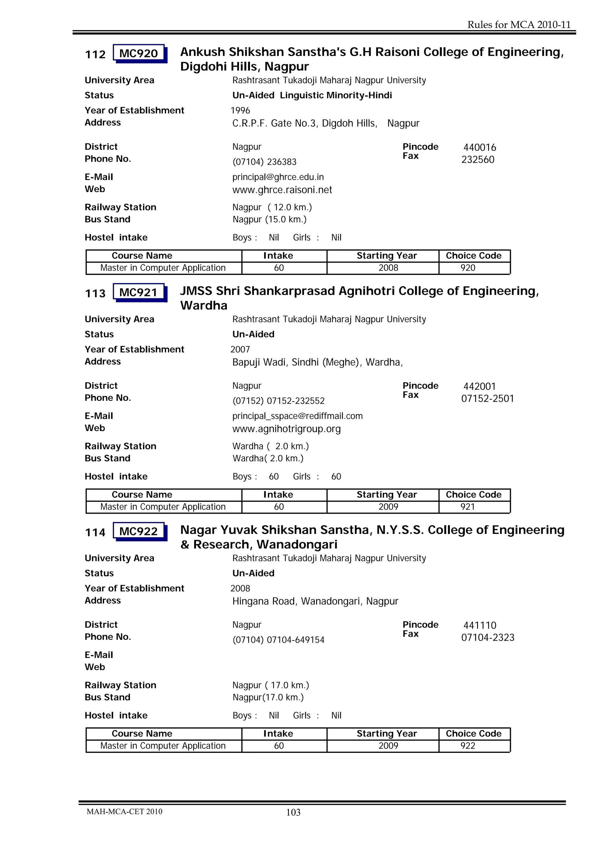 Rules for MCA 2010-11

112      MC920        Ankush Shikshan Sanstha's G.H Raisoni College of Engineering,
                      Digdohi Hills, Nagpur
University Area                     Rashtrasant Tukadoji Maharaj Nagpur University
Status                              Un-Aided Linguistic Minority-Hindi
Year of Establishment               1996
Address                             C.R.P.F. Gate No.3, Digdoh Hills, Nagpur

District                            Nagpur                                    Pincode      440016
Phone No.                                                                     Fax          232560
                                    (07104) 236383
E-Mail                              principal@ghrce.edu.in
Web                                 www.ghrce.raisoni.net
Railway Station                     Nagpur ( 12.0 km.)
Bus Stand                           Nagpur (15.0 km.)

Hostel intake                       Boys :    Nil    Girls :   Nil
     Course Name                             Intake                  Starting Year      Choice Code
   Master in Computer Application              60                         2008            920

113      MC921        JMSS Shri Shankarprasad Agnihotri College of Engineering,
                      Wardha
University Area                     Rashtrasant Tukadoji Maharaj Nagpur University
Status                              Un-Aided
Year of Establishment               2007
Address                             Bapuji Wadi, Sindhi (Meghe), Wardha,

District                            Nagpur                                    Pincode      442001
Phone No.                                                                     Fax          07152-2501
                                    (07152) 07152-232552
E-Mail                              principal_sspace@rediffmail.com
Web                                 www.agnihotrigroup.org
Railway Station                     Wardha ( 2.0 km.)
Bus Stand                           Wardha( 2.0 km.)
Hostel intake                       Boys :    60     Girls :   60
     Course Name                             Intake                  Starting Year      Choice Code
   Master in Computer Application              60                         2009            921

114      MC922        Nagar Yuvak Shikshan Sanstha, N.Y.S.S. College of Engineering
                      & Research, Wanadongari
University Area                     Rashtrasant Tukadoji Maharaj Nagpur University
Status                              Un-Aided
Year of Establishment               2008
Address                             Hingana Road, Wanadongari, Nagpur

District                            Nagpur                                    Pincode      441110
Phone No.                                                                     Fax          07104-2323
                                    (07104) 07104-649154
E-Mail
Web

Railway Station                     Nagpur ( 17.0 km.)
Bus Stand                           Nagpur(17.0 km.)
Hostel intake                       Boys :    Nil    Girls :   Nil
     Course Name                             Intake                  Starting Year      Choice Code
   Master in Computer Application              60                         2009            922




MAH-MCA-CET 2010                                    103
 