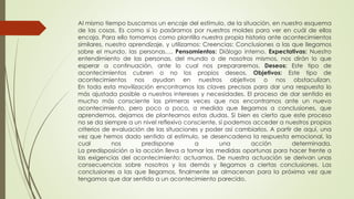 Al mismo tiempo buscamos un encaje del estímulo, de la situación, en nuestro esquema
de las cosas. Es como si lo pasáramos por nuestros moldes para ver en cuál de ellos
encaja. Para ello tomamos como plantilla nuestra propia historia ante acontecimientos
similares, nuestro aprendizaje, y utilizamos: Creencias: Conclusiones a las que llegamos
sobre el mundo, las personas…, Pensamientos: Diálogo interno. Expectativas: Nuestro
entendimiento de las personas, del mundo o de nosotros mismos, nos dirán lo que
esperar a continuación, ante lo cual nos prepararemos. Deseos: Este tipo de
acontecimientos cubren o no los propios deseos. Objetivos: Este tipo de
acontecimientos nos ayudan en nuestros objetivos o nos obstaculizan.
En toda esta movilización encontramos las claves precisas para dar una respuesta lo
más ajustada posible a nuestros intereses y necesidades. El proceso de dar sentido es
mucho más consciente las primeras veces que nos encontramos ante un nuevo
acontecimiento, pero poco a poco, a medida que llegamos a conclusiones, que
aprendemos, dejamos de plantearnos estas dudas. Si bien es cierto que este proceso
no se da siempre a un nivel reflexivo consciente, sí podemos acceder a nuestros propios
criterios de evaluación de las situaciones y poder así cambiarlos. A partir de aquí, una
vez que hemos dado sentido al estímulo, se desencadena la respuesta emocional, la
cual nos predispone a una acción determinada.
La predisposición a la acción lleva a tomar las medidas oportunas para hacer frente a
las exigencias del acontecimiento: actuamos. De nuestra actuación se derivan unas
consecuencias sobre nosotros y los demás y llegamos a ciertas conclusiones. Las
conclusiones a las que llegamos, finalmente se almacenan para la próxima vez que
tengamos que dar sentido a un acontecimiento parecido.
 