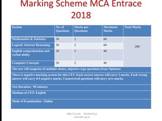 Marking Scheme MCA Entrace
2018
Section No. of
Questions
Marks per
Questions
Maximum
Marks
Total Marks
Mathematics & Statistics 30 2 60
200Logical/ Abstract Reasoning 30 2 60
English comprehension and
verbal ability
20 2 40
Computer Concepts 20 2 40
The test will comprise of multiple choice, objective type questions (Four Options)
There is negative marking system for this CET. Each correct answer will carry 2 marks. Each wrong
answer will carry 0.5 negative marks. Unanswered questions will carry zero marks.
Test Duration : 90 minutes
Medium of CET: English
Mode of Examination - Online
 