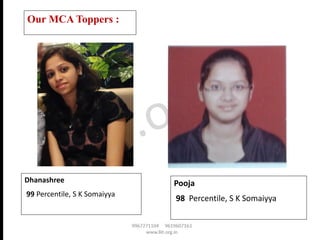 Dhanashree
99 Percentile, S K Somaiyya
Our MCA Toppers :
Pooja
98 Percentile, S K Somaiyya
 