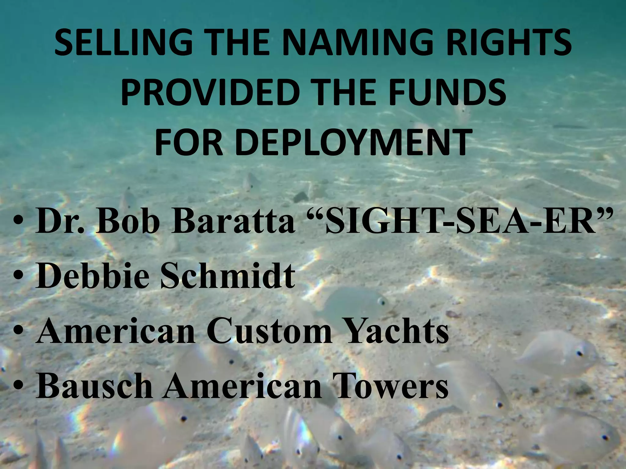 SELLING THE NAMING RIGHTS PROVIDED THE FUNDS FOR DEPLOYMENTDr. Bob Baratta “SIGHT-SEA-ER”Debbie SchmidtAmerican Custom YachtsBausch American Towers