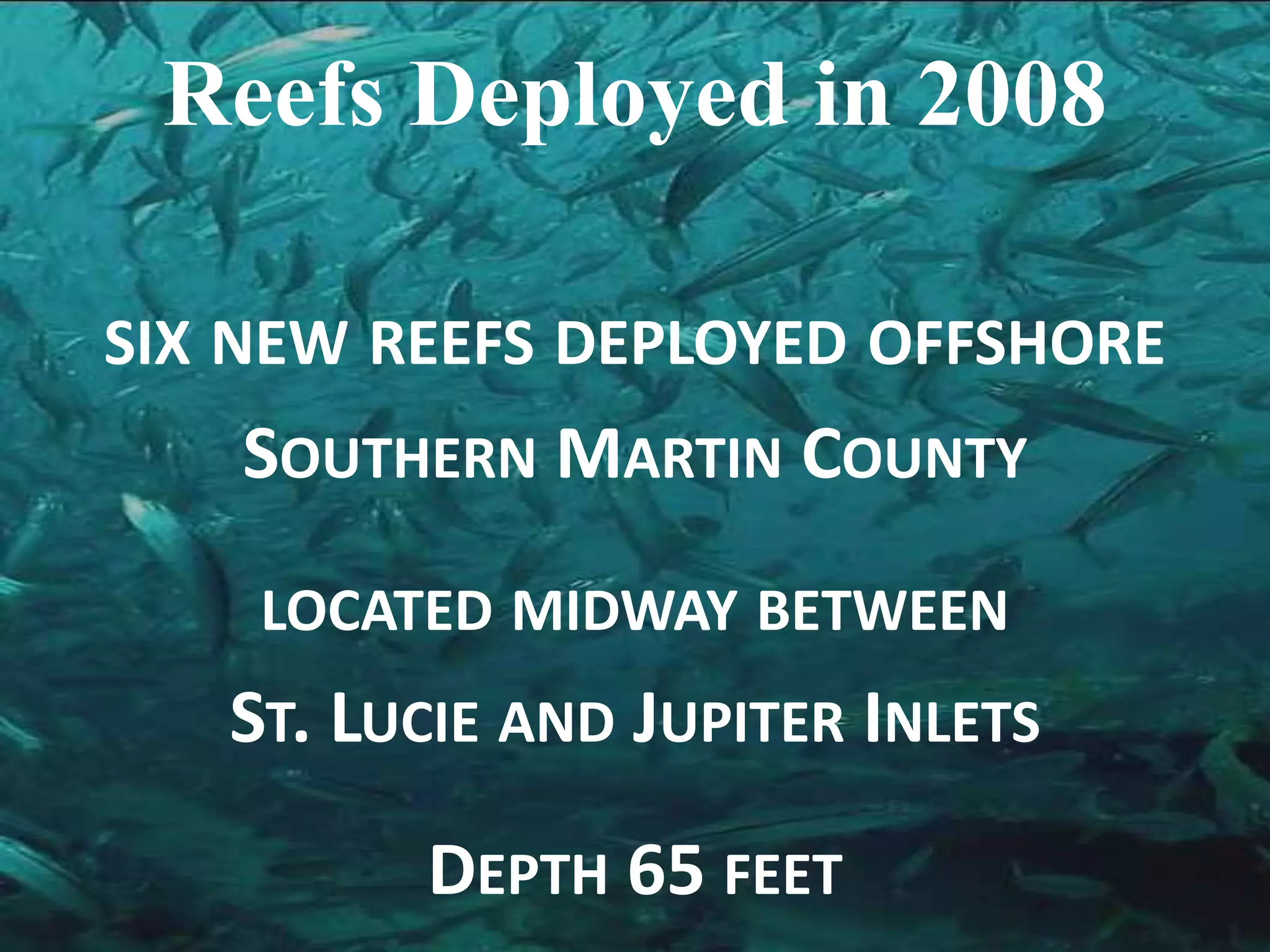 Reefs Deployed in 2008six new reefs deployed offshore Southern Martin Countylocated midway between St. Lucie and Jupiter Inlets Depth 65 feet