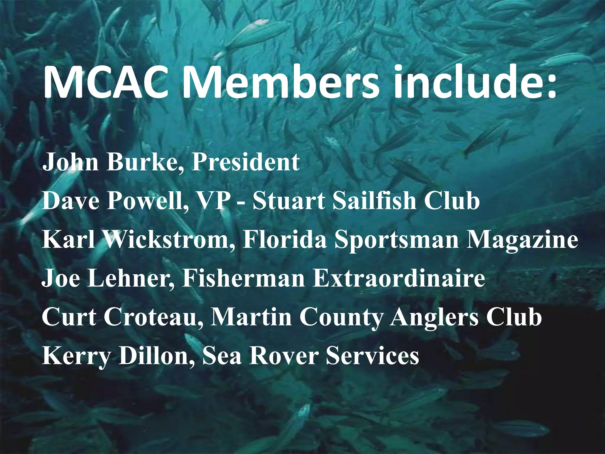 MCAC Members include:John Burke, President   Dave Powell, VP - Stuart Sailfish Club   Karl Wickstrom, Florida Sportsman Magazine   Joe Lehner, Fisherman Extraordinaire   Curt Croteau, Martin County Anglers Club    Kerry Dillon, Sea Rover Services