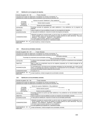 3.31       Satisfacción con el programa de deportes.

Indicador de gestión: GIII - 106                  Factor: Bienestar
Indicadores del modelo de calidad para la acreditación de carreras universitarias: 77.
Estándares del modelo de calidad para la acreditación de las carreras de educación: 88.

                                       Número de usuarios “Satisfechos” y “Muy satisfechos”
          Porcentaje              Σ [ --------------------------------------------------------------------------]Ciclo académico
         de usuarios                               Número total de usuarios
          satisfechos     =    ---------------------------------------------------------------------------------------------------- x 100
        con el servicio                          Número de ciclos académicos
DEFINICIÓN:                      Porcentaje promedio de egresados que están satisfechos o muy satisfechos con el programa de
                                 deportes.
OBJETIVO:                        Valorar el grado en el que se satisface al usuario con los programas de deportes.
INTERPRETACIÓN:                  Un bajo grado de satisfacción, implicaría la revisión del programa de deportes.

                                 • Mediante encuestas los usuarios emiten su juicio de valor con respecto al grado de satisfacción con el
                                   servicio prestado, para lo cual se les presenta una escala hedónica de cuatro alternativas: “Muy poco
CONSIDERACIONES:                   satisfecho”, “Poco satisfecho”, “Satisfecho” y “Muy satisfecho”.
                                 • El número total de usuarios referido a un ciclo académico.
                                 • El ciclo académico es el periodo de 17 semanas de clases.
RESPONSABLES DE LA Unidad Académica, Unidad de Deportes.
MEDICIÓN:




3.32       Eficacia de las actividades culturales.

Indicador de gestión: GIII – 107              Factor: Bienestar.
Indicadores del modelo de calidad para la acreditación de carreras universitarias: 77.
Estándares del modelo de calidad para la acreditación de las carreras de educación: 86.
                                                                                    Actividades realizadas
              Porcentaje de cumplimiento de los actividades culturales = -------------------------------------------------- x               100
                                                                     Total de actividades planteadas
DEFINICIÓN:                      La eficacia de las actividades culturales está relacionada con el grado de cumplimiento de las actividades
                                 planteadas.
OBJETIVO:                        Medir el grado de cumplimiento anual de los objetivos propuestos por la unidad encargada de las
                                 actividades culturales.
                                 Un porcentaje igual a 100 indica que las actividades planteadas han sido alcanzados, por lo tanto ha sido
INTERPRETACIÓN                   eficaz. Un porcentaje bajo indicaría la necesidad de un replanteamiento de los actividades, o la presencia
                                 de posibles dificultades durante el desarrollo de las mismas.
CONSIDERACIONES:                   No aplica (N. A.).
RESPONSABLES DE LA Unidad Académica, Unidad encargada de las actividades culturales.
MEDICIÓN:


3.33       Satisfacción con las actividades culturales.

Indicador de gestión: GIII - 108                  Factor: Bienestar
Indicadores del modelo de calidad para la acreditación de carreras universitarias: 77.
Estándares del modelo de calidad para la acreditación de las carreras de educación: 88.

                                   Número de usuarios “Satisfechos” y “Muy satisfechos”
           Porcentaje         Σ [ --------------------------------------------------------------------------- ]Ciclo académico
          de usuarios                           Número total de usuarios
          satisfechos    =    -------------------------------------------------------------------------------------------------- x 100
         con el servicio                        Número de ciclos académicos
DEFINICIÓN:                      Porcentaje promedio de usuarios que están satisfechos o muy satisfechos con las actividades culturales
                                 que se realizan
OBJETIVO:                        Valorar el grado en el que se satisface al usuario con respecto a las actividades culturales.
INTERPRETACIÓN:                  Un bajo grado de satisfacción, implicaría la revisión de las actividades planificadas.

                                 • Mediante encuestas los usuarios emiten su juicio de valor con respecto al grado de satisfacción con el
                                   servicio prestado, para lo cual se les presenta una escala hedónica de cuatro alternativas: “Muy poco
CONSIDERACIONES:                   satisfecho”, “Poco satisfecho”, “Satisfecho” y “Muy satisfecho”.
                                 • El número total de usuarios referido a un ciclo académico.
                                 • El ciclo académico es el periodo de 17 semanas de clases.
RESPONSABLES DE LA Unidad de Bienestar, Unidad encargada de las actividades culturales.
MEDICIÓN:




                                                                                                                                                  100
 