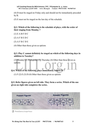 LIIT Coaching Classes for MCA Entrance ,TYIT , TYComputer Sc @ Dadar
MCA Entrance @LIIT 2018 www. liit.org.in Contact : 9967271104 / 9619607163
We Bring Out The Best In You @LIIT 9967271104 / 9619607163 5
(4) D must be staged on Friday only and should not be immediately preceded
by B.
(5) E must not be staged on the last day of the schedule.
Q.2. Which of the following is the schedule of plays, with the order of
their staging from Monday ?
(1) E A B F D C
(2) A F B E D C
(3) A F B C D E
(4) Other than those given as options
Q.3. Play C cannot definitely be staged on which of the following days in
addition to Tuesday?
(1) Monday (2) Wednesday (3) Thursday (4) Other than those given as
options
Q.4. Which of the following plays immediately follows B ?
(1) F (2) E (3) D (4) Other than those given as options
Q.5. Refer figures given on left side. They form a series. Which of the one
given on right side completes the series.
 