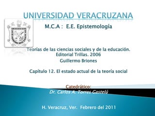 UNIVERSIDAD VERACRUZANA M.C.A :  E.E. Epistemología  Teorías de las ciencias sociales y de la educación. Editorial Trillas. 2006 Guillermo Briones Capítulo 12. El estado actual de la teoría social Catedrático: Dr. Carlos A. Torres Gastelú  H. Veracruz, Ver.  Febrero del 2011 