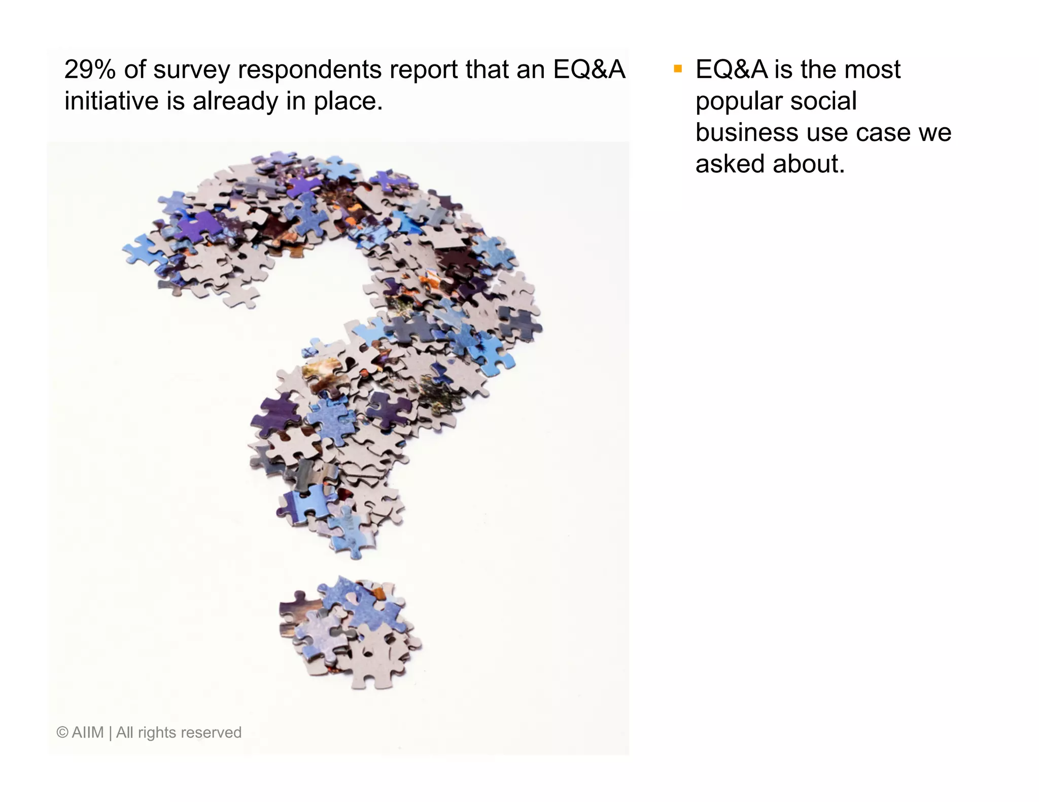 29% of survey respondents report that an EQ&A   §  EQ&A is the most
 initiative is already in place.                     popular social
                                                     business use case we
                                                     asked about.




© AIIM | All rights reserved
 