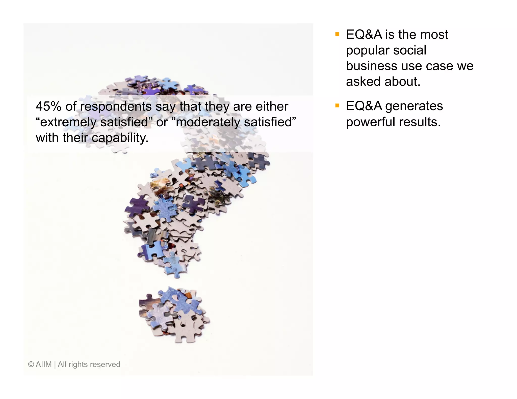 §  EQ&A is the most
                                                        popular social
                                                        business use case we
                                                        asked about.
  45% of respondents say that they are either       §  EQ&A generates
  “extremely satisfied” or “moderately satisfied”       powerful results.
  with their capability.




© AIIM | All rights reserved
 