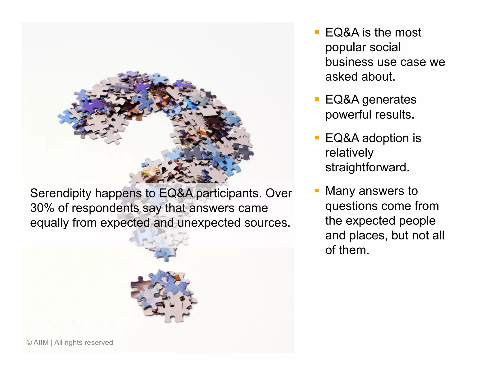 §  EQ&A is the most
                                                      popular social
                                                      business use case we
                                                      asked about.
                                                  §  EQ&A generates
                                                      powerful results.
                                                  §  EQ&A adoption is
                                                      relatively
                                                      straightforward.

 Serendipity happens to EQ&A participants. Over   §  Many answers to
 30% of respondents say that answers came             questions come from
 equally from expected and unexpected sources.        the expected people
                                                      and places, but not all
                                                      of them.




© AIIM | All rights reserved
 