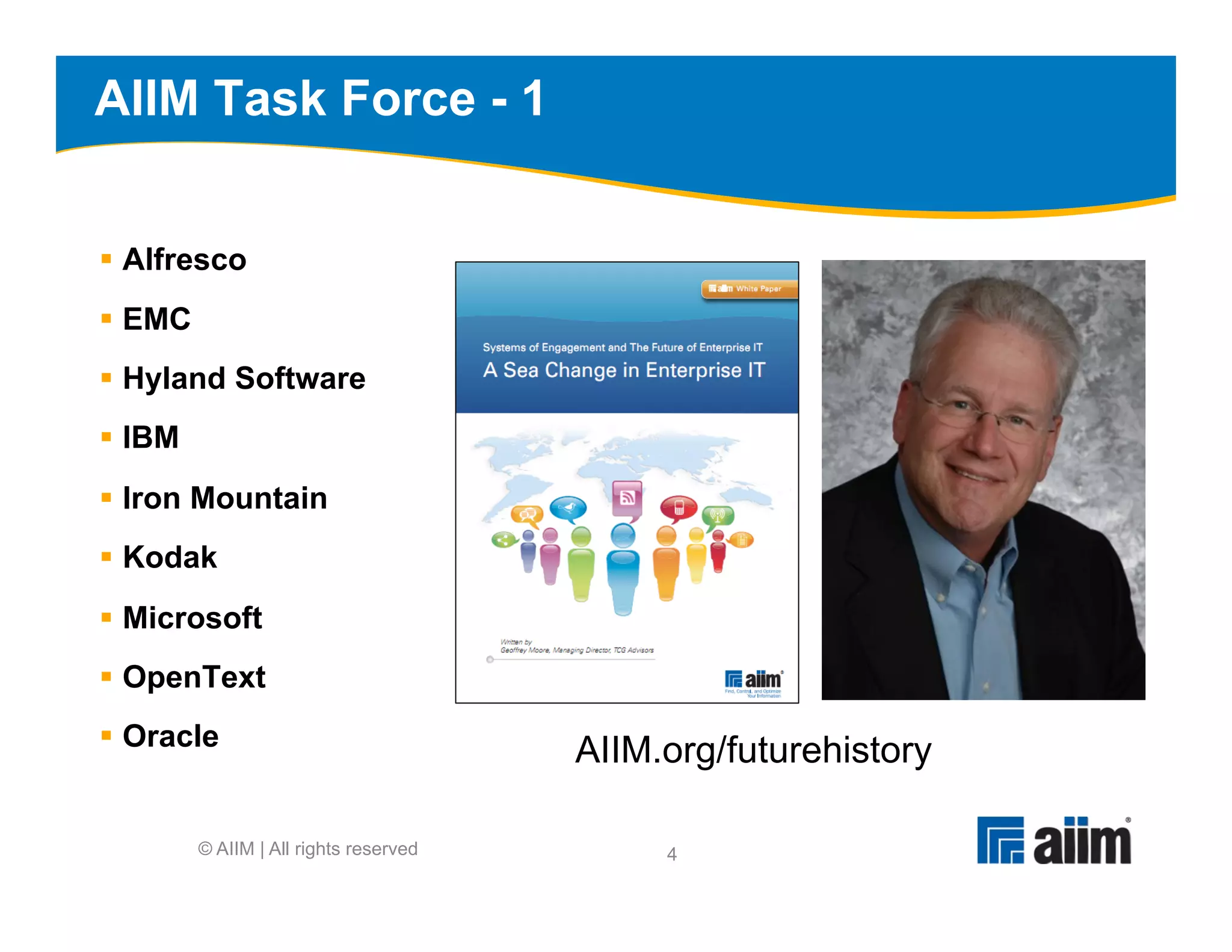 AIIM Task Force - 1


§  Alfresco
§  EMC
§  Hyland Software
§  IBM
§  Iron Mountain
§  Kodak
§  Microsoft
§  OpenText
§  Oracle
                                         AIIM.org/futurehistory

          © AIIM | All rights reserved        4
 