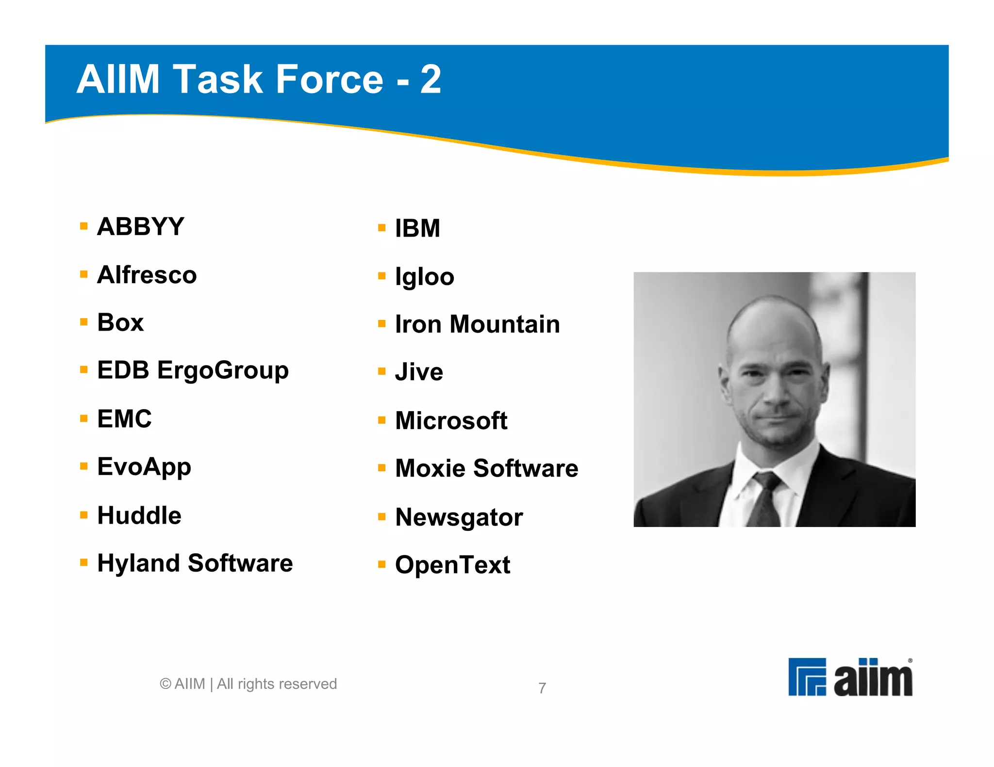 AIIM Task Force - 2


§  ABBYY                                §  IBM
§  Alfresco                             §  Igloo
§  Box                                  §  Iron Mountain
§  EDB ErgoGroup                        §  Jive
§  EMC                                  §  Microsoft
§  EvoApp                               §  Moxie Software
§  Huddle                               §  Newsgator
§  Hyland Software                      §  OpenText



          © AIIM | All rights reserved                   7
 