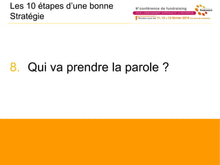 Les 10 étapes d’une bonne
Stratégie
8. Qui va prendre la parole ?
 