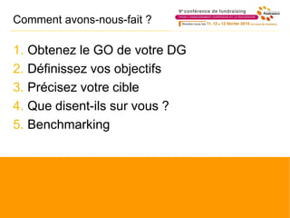 Comment avons-nous-fait ?
1. Obtenez le GO de votre DG
2. Définissez vos objectifs
3. Précisez votre cible
4. Que disent-ils sur vous ?
5. Benchmarking
 