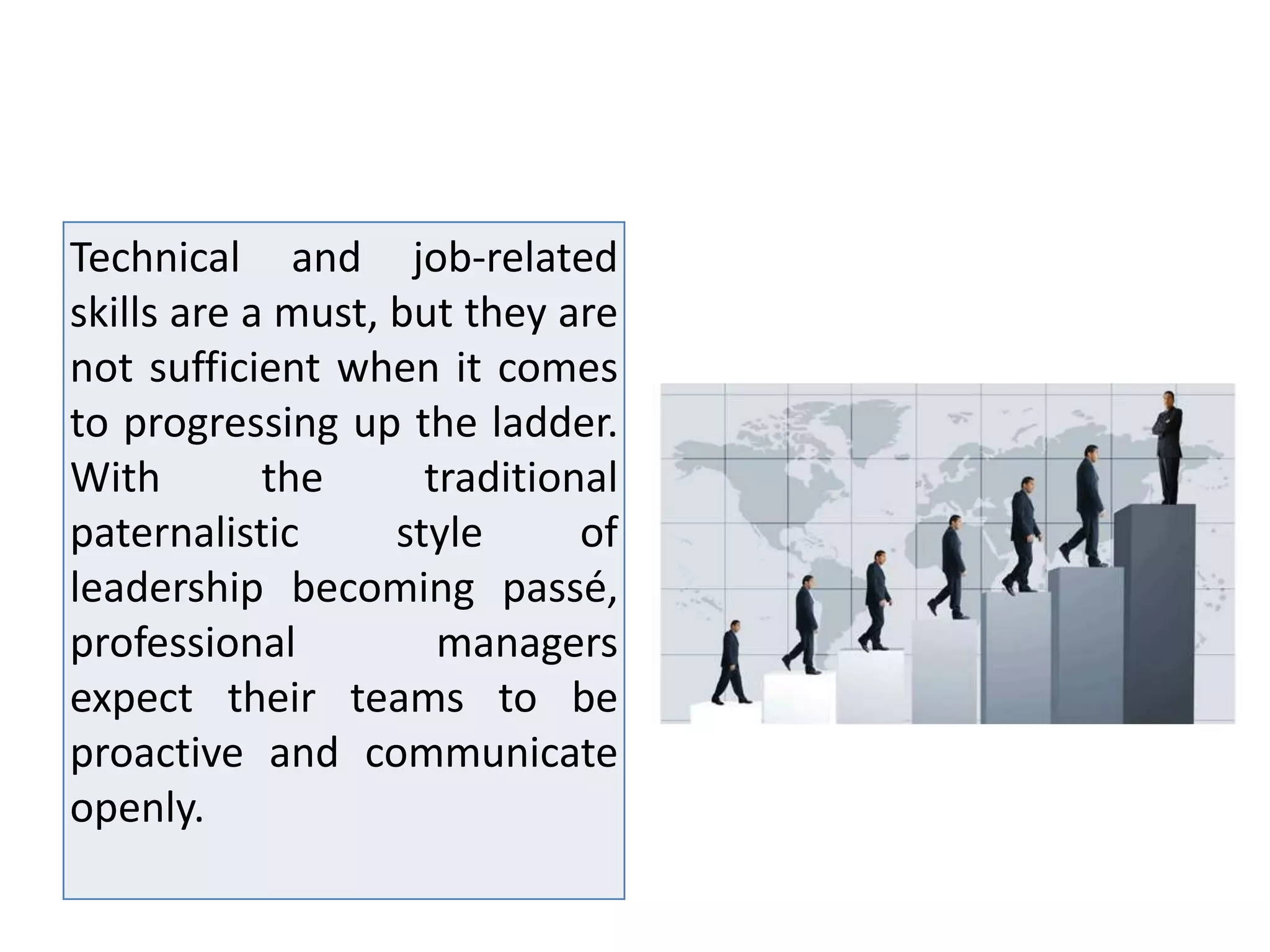 Technical and job-related
skills are a must, but they are
not sufficient when it comes
to progressing up the ladder.
With the traditional
paternalistic style of
leadership becoming passé,
professional managers
expect their teams to be
proactive and communicate
openly.
 