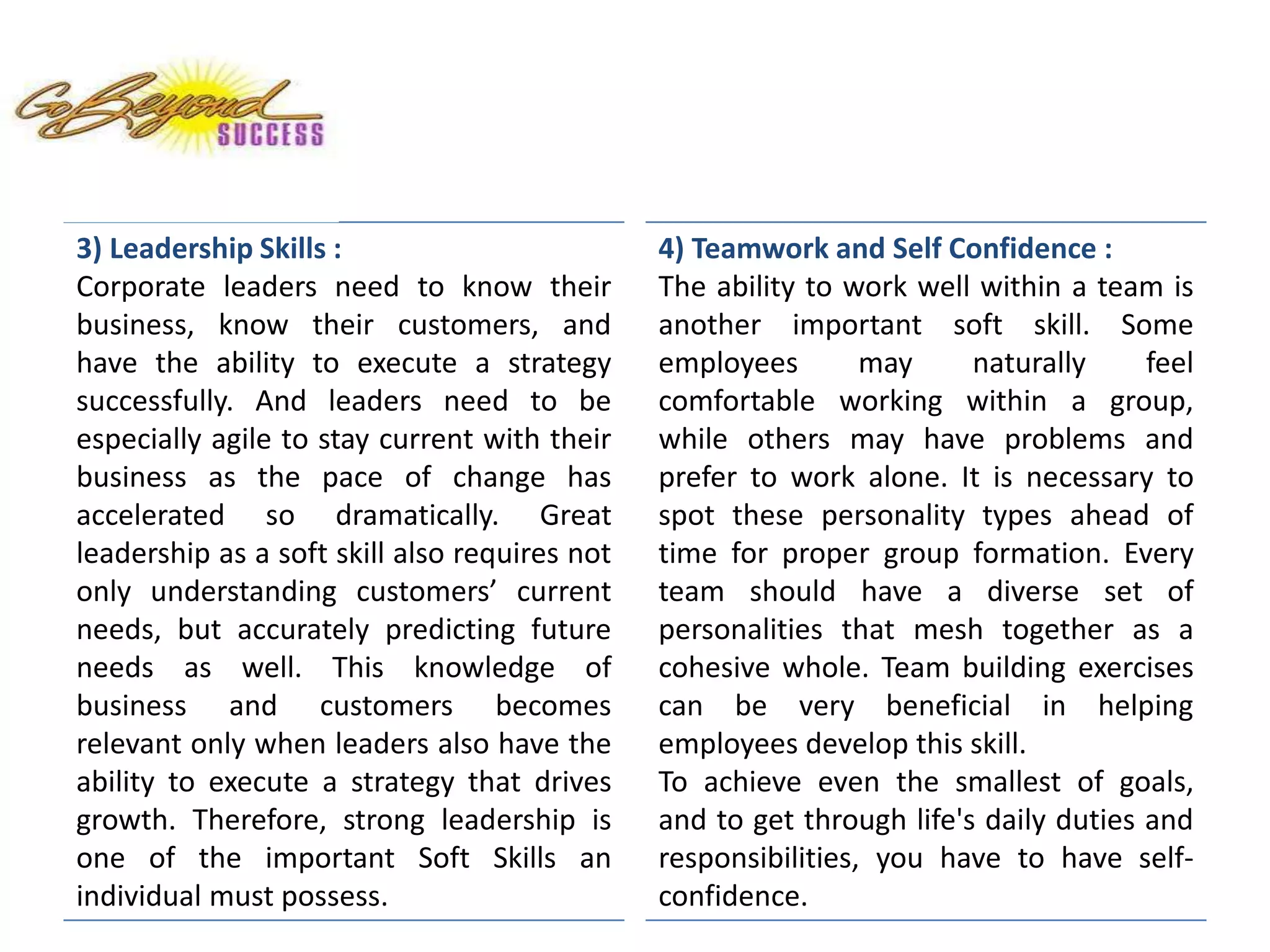 3) Leadership Skills :
Corporate leaders need to know their
business, know their customers, and
have the ability to execute a strategy
successfully. And leaders need to be
especially agile to stay current with their
business as the pace of change has
accelerated so dramatically. Great
leadership as a soft skill also requires not
only understanding customers’ current
needs, but accurately predicting future
needs as well. This knowledge of
business and customers becomes
relevant only when leaders also have the
ability to execute a strategy that drives
growth. Therefore, strong leadership is
one of the important Soft Skills an
individual must possess.
4) Teamwork and Self Confidence :
The ability to work well within a team is
another important soft skill. Some
employees may naturally feel
comfortable working within a group,
while others may have problems and
prefer to work alone. It is necessary to
spot these personality types ahead of
time for proper group formation. Every
team should have a diverse set of
personalities that mesh together as a
cohesive whole. Team building exercises
can be very beneficial in helping
employees develop this skill.
To achieve even the smallest of goals,
and to get through life's daily duties and
responsibilities, you have to have self-
confidence.
 