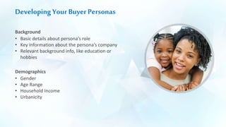 Developing Your Buyer Personas
Background
• Basic details about persona’s role
• Key information about the persona’s company
• Relevant background info, like education or
hobbies
Demographics
• Gender
• Age Range
• Household Income
• Urbanicity
 