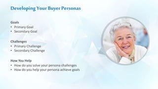 Developing Your Buyer Personas
Goals
• Primary Goal
• Secondary Goal
Challenges
• Primary Challenge
• Secondary Challenge
How You Help
• How do you solve your persona challenges
• How do you help your persona achieve goals
 